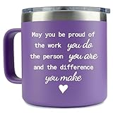 KLUBI May You Be Proud Of The Work You Do - Therapists Gifts for Women 14 Ounce Tumbler Purple Mug Gifts for Therapists Female Thank You Gift for Women Cute Employee Appreciation Gift for Coworkers