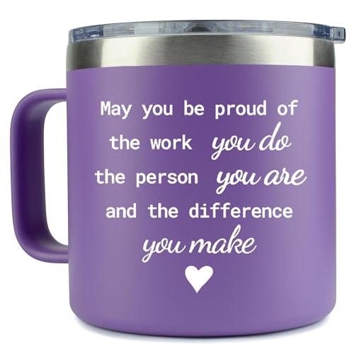 KLUBI May You Be Proud Of The Work You Do - Therapists Gifts for Women 14 Ounce Tumbler Purple Mug Gifts for Therapists Female Thank You Gift for Women Cute Employee Appreciation Gift for Coworkers