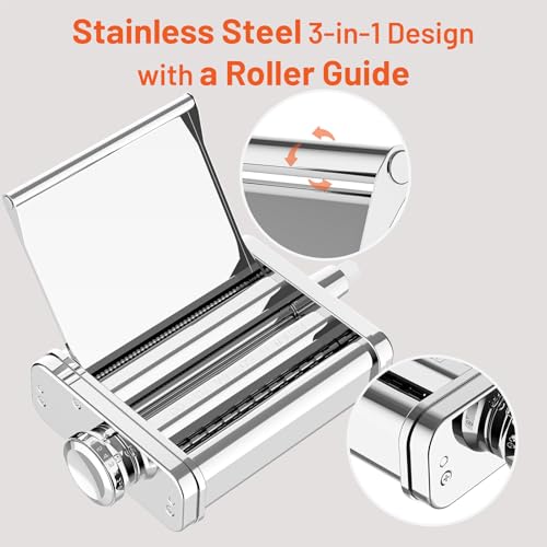 3 in 1 Pasta Attachment for KitchenAid Stand Mixer - Professional Stainless Steel Pasta Maker includes Roller, Spaghetti & Fettuccine Cutters, With Removable Baffle and Cleaning Brush by HOZODO