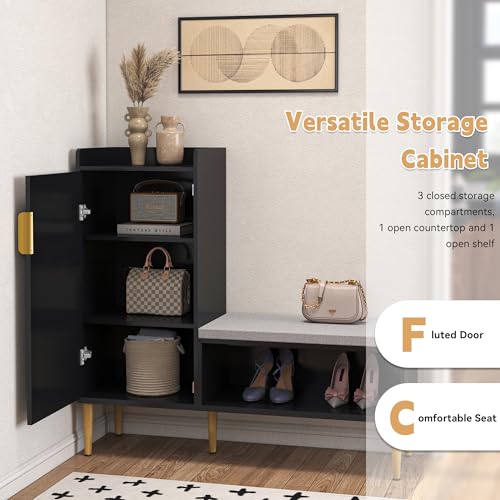 Image of Storage Bench with Fluted Door&Shelf, L-Shaped Entryway Bench | Black Modern Living Room Bench with Padded Seat, Small Shoe Organizer Cabinet for Hallway, Office