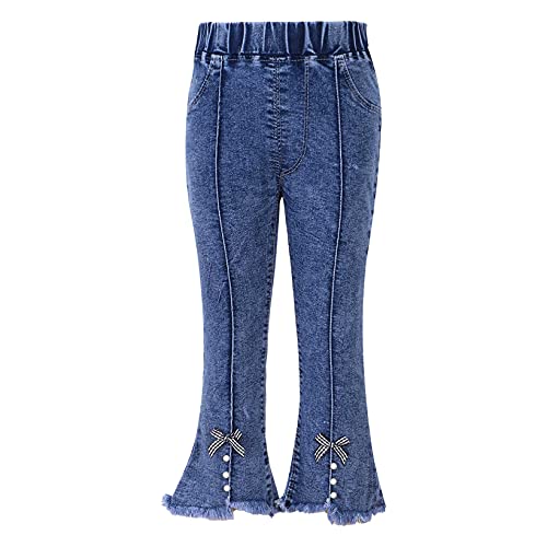 JanJean Kids Girls Vintage Bell Bottom Jeans Elastic Waist Raw Hem Flared Denim Pants Trousers Stretchy Ruffle Leggings