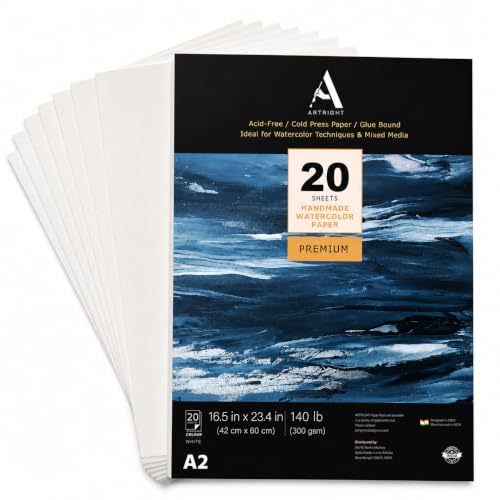 Image of ArtRight Artists' Watercolor Paper A2 300 GSM - 20 Sheets of Handmade Rough Grain Water Colour Papers for Watercolour, Acrylic, Gouache, Ink & Mixed Media