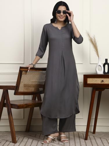 Image of idaLia Rayon Solid Straight Brown Kurta Set for Women with Palazzo 3 /4 Sleeve, Round V Neck Designer Kurta with Palazzo Pant Set