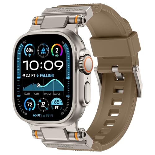Image of FOAMUNOC Rugged Band Compatible with Apple Watch Ultra 3 /2 /1 Band 49mm /46mm /45mm /44mm /42mm, Metal Connector with Strap for iWatch Ultra Series 11 /10 /9 /8 /7 /6 /SE3 /SE2 /SE /5 /4 /3 /2 /1, Desert Tan /Titanium