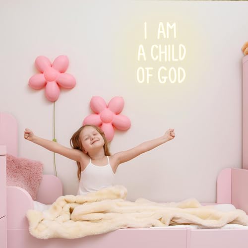 Image of I Am a Child of God Neon Sign Dimmable Neon Signs for Wall Decor LED USB Light Up Sign for Christian Wall Art Baptism Gifts Jesus Room Decor Toddler Little Girl Playroom Nursery Bedroom Classroom