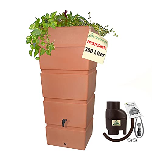 Regentonne Regenfass Ecktonne Regenspeicher Regenwasserbehälter mit Fallrohrfilter, Regenfilter T33 braun FROSTSICHER - Moderne Eck-Regenwassertonne mit stabilem Deckel als Pflanzschale Cover