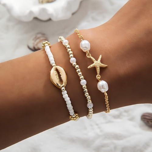 Image of Shell Bracelet,Gold Plated Starfish Ankle Bracelets for Women Waterproof Stack Beaded Anklet Boho Hawaiian Vacation Beach Jewelry Gifts