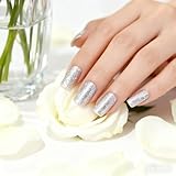 ELEVENAIL Pretty Full Cover Silver White Bling Glitter Press on False Nails Medium Long Square Salon DIY Manicure Reusable Fake Acrylic Nail Art Tips with Jelly Adhesive Tabs Nail File