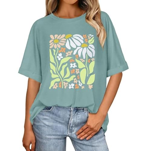 Oversized Tshirts for Women Summer Short Sleeve Casual Basic Tee Tops Loose Fit Shirts, Gray Green Flowers, S