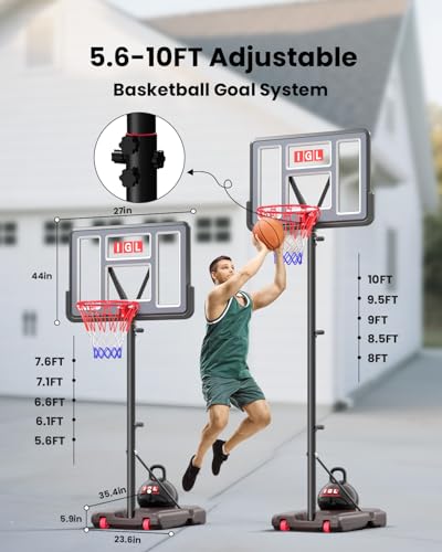 Image of IGL Kids Basketball Hoop Outdoor | 4-8.5ft Adjustable Height | 33 inch Shatterproof Backboard | Fillable Base & Extra Anchor | Portable Goal w /Wheels for Backyard Driveway