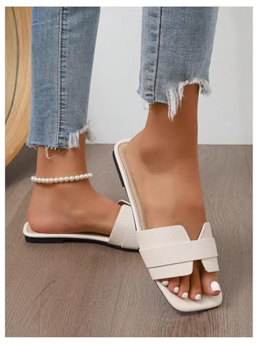 OYOANGLE Women's Square Open Toe Leather Slide Sandals Single Band Summer Dressy Slides3