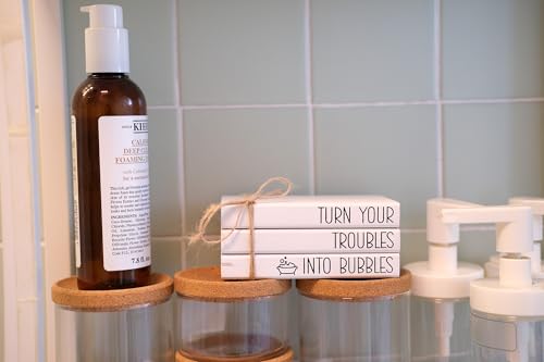 Mini Farmhouse Bathroom Decor - Funny Rustic Wooden Decorative Books Stack for Restroom Shelf Decor - Turn Your Troubles into Bubbles Sign - Image 5