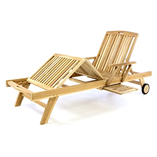 Sonnenliege unbehandelt Natur Gartenliege Relax-Liege Teak-Holz inkl. Räder Tablett - Lehne & Fußteil verstellbar - Pool-Liege Bäder-Liege Cover