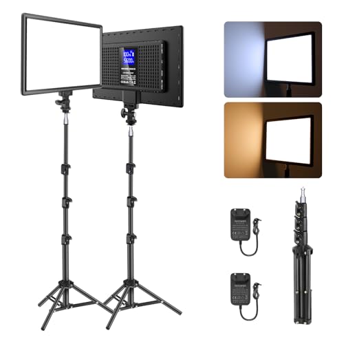NEEWER Básico 13' Panel Luz LED Video, Paquete de 2 Iluminación Estudio Kit con Trípodes, Bicolor Key Light para Fotografía, Grabación Podcasts Streaming, 2400Lux 3200-5600K CRI97+ 8000mAh, NL-192B