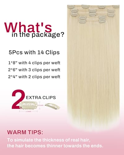 Image of Moresoo Clip in Hair Extensions Real Human Hair Double Weft Human Hair Clip in Extensions Straight Golden Platinum Blonde #60 5pcs 80g 18inch