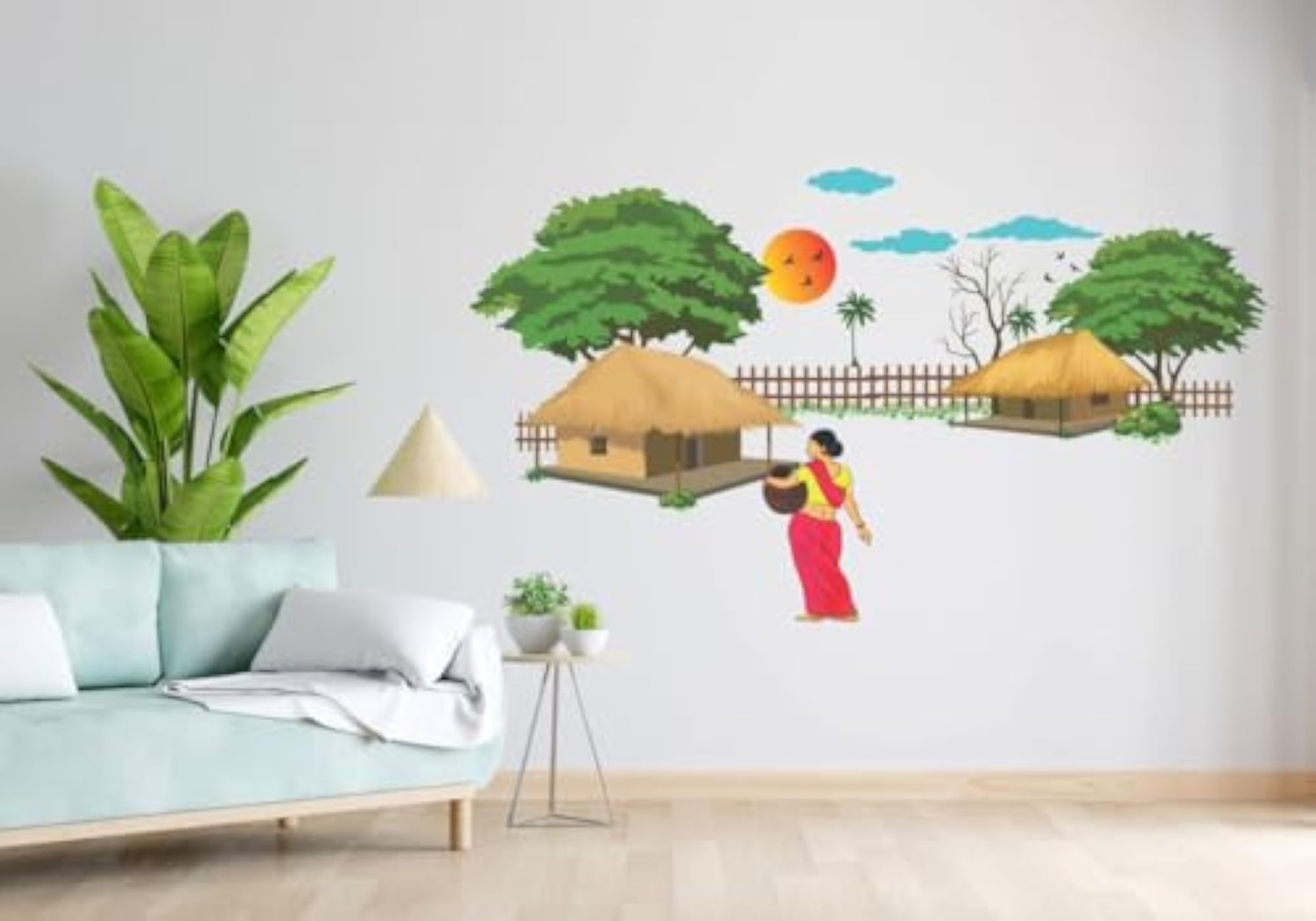 Village Scenery Painting Vastu Wall Art, Self-Adhesive