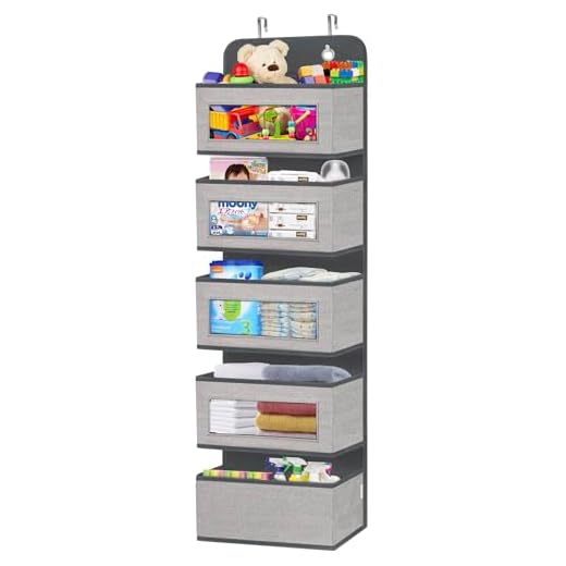 homyfort Over the Door Hanging Organizer Storage with 5 Large Pockets,Wall Mount Storage with Clear Windows and 2 Widened Metal Hooks for Pantry,Nursery,Diapers,Bathroom,kitchen,Closet,Dorm(Grey)