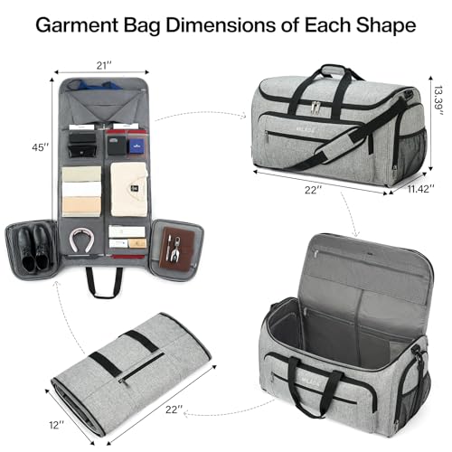 MILADA Convertible 2-in-1 Garment Duffel Weekender Bag Carry On Garment Bags for Travel Hanging Clothes Suit Bag Foldable Personal Item Business Overnight Bag with Shoe Compartment, Light Grey2