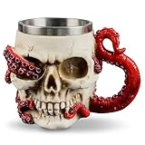 XISEZIUO 12oz Skull Mug with Realistic Octopus Design, Stainless Steel and Resin Cup, Ideal for Halloween, Gothic Gatherings, Daily Beer, Coffee