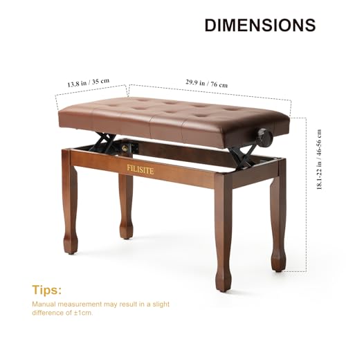 FILISITE Adjustable Height Duet Piano Bench Stool PU Leather Cushion, X760-2 Light Brown
