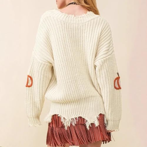 Pumpkin Cable Knit Sweater for Women Raw Hem V Neck Oversized Sweaters Halloween Fall Outfits 20253