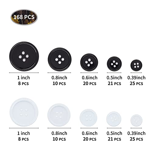 Youfen Buttons For Sewing 168Pcs Craft Buttons Black White Shirt Buttons Resin Round 4-Hole 5 Sizes Sewing Buttons For Clothing, Diy Crafts And Holiday Decoration #TOP1
