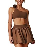 ABOCIW Womens 2 Piece Bubble Tennis Skirt One Shoulder Sports Bra Athletic Set Summer Pickleball ...