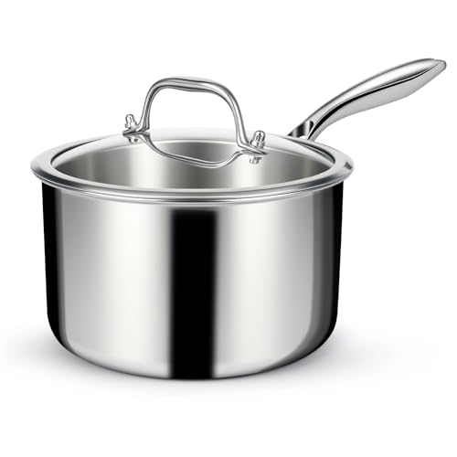 EWFEN 3 Ply Stainless Steel Saucepan with Lid 3 Quart Multipurpose Cooking Pot Stay-Cool Handle Induction Oven Dishwasher Safe 3 QT