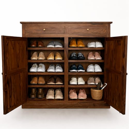 Image of Solid Sheesham Wood Shoe Cabinet with 2 Doors & 2 Drawers | Entryway Shoe Rack Storage Organizer | Natural Finish | 20 Pairs | No Assembly Required