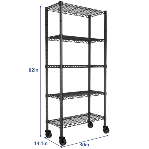 Image of REGILLER 5-Wire Shelving Metal Storage Rack Adjustable Shelves,Standing Storage Shelf Units for Laundry Bathroom Kitchen Pantry Closet(Black,14.1 inch D x 30 inch W x 82 inch H,With Wheels)