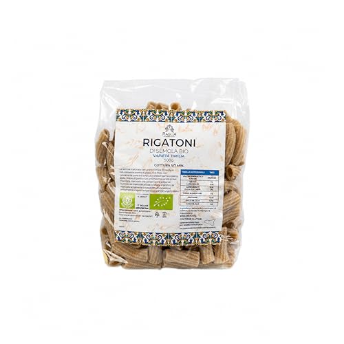 RACILIA Rigatoni de Timilia Ecológica - Pasta de Trigo Antiguo Siciliano Integral, Tumminia, Trefilada al Bronce, Secado Lento, Bajo Índice de Gluten - 100% Sicilia - 500g