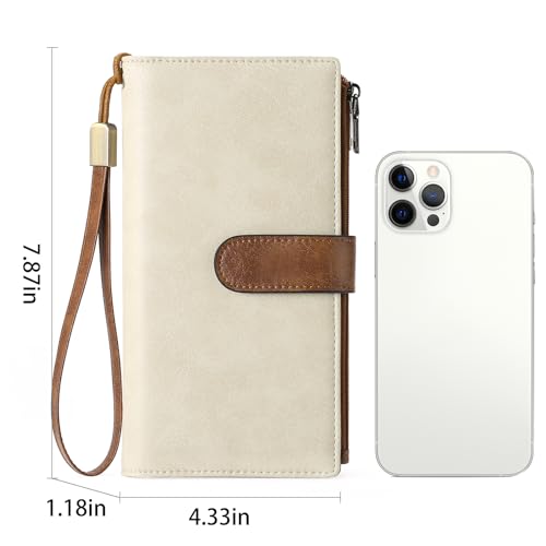 Image of GOIACII Large Wallet for Women Leather Wristlet Beige Brown