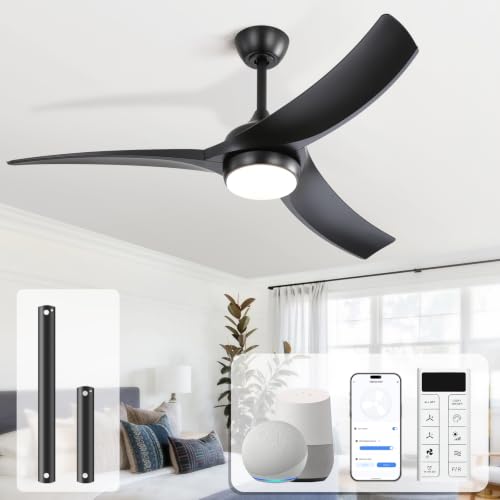 Image of Sofucor 52 Inch Smart Modern Ceiling Fan with Light, Black 3 ABS Blades | Alexa /Google Assistant /APP /Remote Control, Reversible DC Motor, Timer, 6 Speeds, 3-CCT for Living Room Bedroom Patio