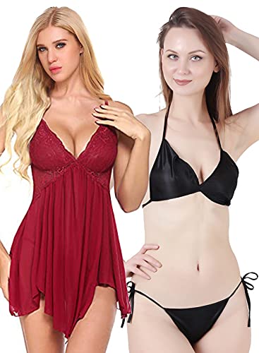 Image of Love Maker Lace Net Stylish Women Nightwear with Cotton Bra Panty Set for Women, Non Padded Bra Panty Set for Women & Night Wear Honeymoon Nighty for Women.