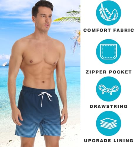 Image of Mens Swim Trunks Compression Liner No Mesh Swimming Trunks Men Swimwear Quick Dry Above Knee Zipper Pocket Swim Shorts