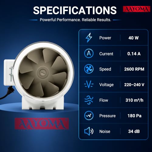Image of Inline Duct Fan 5 Inch | 40W Quiet Ventilation Extractor | 2600 RPM | 310m /h Airflow | 34 dB Silent Exhaust Fan for Grow Tent, Kitchen, Bathroom & Hydroponics - With Copper Motor