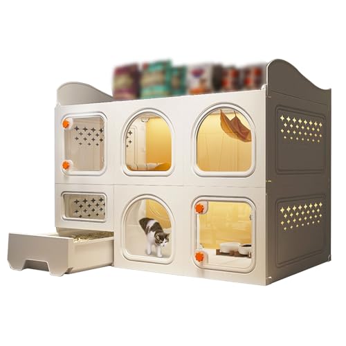 収納キューブ付き2段キャットケージ 屋内用猫ケージ トイレ付き DIY猫囲い 猫小屋 ペットケージ 大型運動場所 1~3匹の猫に最適(ホワイト)