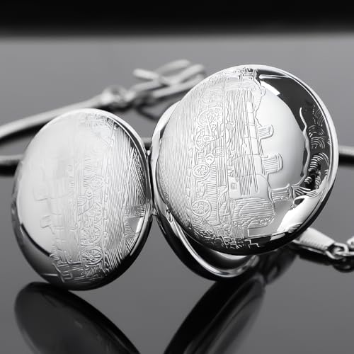 Image of Copper Pocket Watch Train Railroad Steampunk Mechanical London Hand Wind Double Case Mens Watches with Chains & Boxs Christmas Graduation Birthday Gifts Fathers Day(Silver)