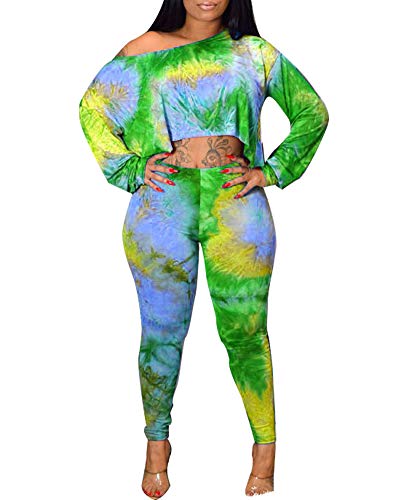 Remelon Womens Tie Dye Print 2 Piece Jumpsuits Outfits Long Sleeve Slanted T Shirts Top Bodycon Pants Set Green S