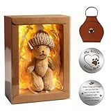 TUZELIYA Handmade Mini Worry Plush Bear in Box with Hat - Positive Little Plush Bear Set with LED Light Keychain Raffia - Pocket Bears Hug for Family Friends Kids - Valentines Gifts for Men Women
