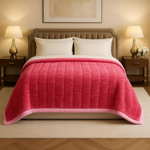 Image of Signature 3-Ply Faux Rabbit Fur Blanket King Size | Ultra Soft Heavy Weight Quilt-Feel Blanket | 6kg Luxury Winter Comforter for Bed Ideal for Heavy Winters (Rose Whisper)