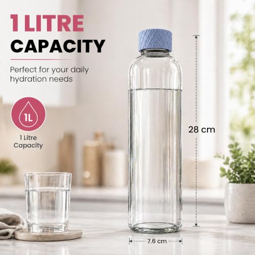 Image of Rioware Glass Water Bottle 1 Litre | Airtight lid | Leak Proof | Silicon Cap | Fridge Water Bottles for Home, Office & Gym (1 Ltr- Pack Of 4, Blue)