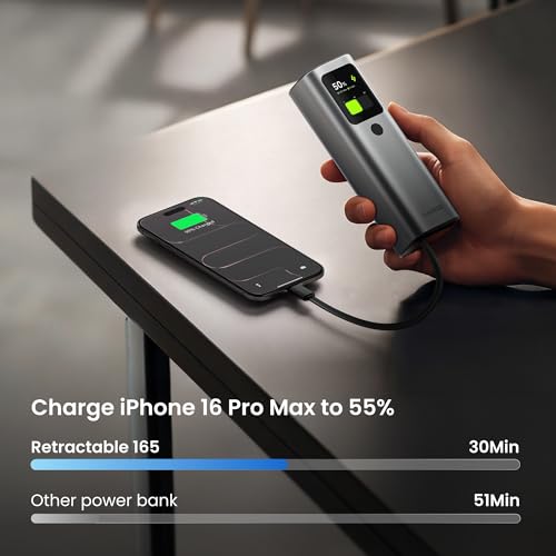 Image of sharge Retractable 165 Power Bank with Built-in Cable 165W Total Output 20000mAh Power Bank 3-Port Fast Charging, Smart Digital Display, High Capacity External Battery Pack for Laptop, iPhone 17