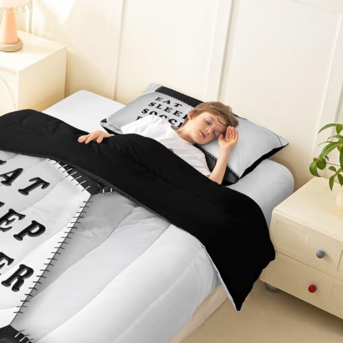 Image of Feelyou Soccer Comforter Set Twin Size Football Bedding Set for Kids Boys Girls Eat Sleep Sports Theme Duvet Quilt Bedroom Decor Microfiber 2 Pcs with 1 Pillow Case