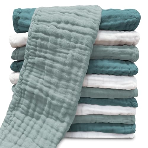 Image of Muslin Burp Cloths for Baby 100% Cotton Burping Cloths for Unisex, Boy, Girl - Large 20'' by 10'' Newborn Essentials Ultra Soft Absorbent Milk Spit Up Rags - 12 Pack - White+Light Emerald Series