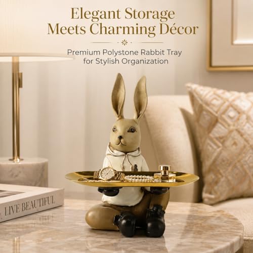 Image of ARMONIA Decorative Rabbit Tray Holder with Golden Tray | Multipurpose Premium Organizer in Matte Finish | Luxury Home Decor Accent for Living Room, Dining & Gifting