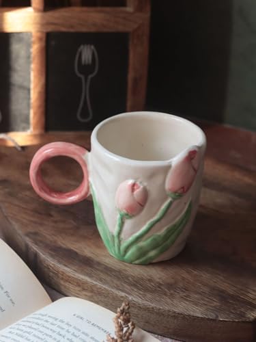 Image of WEAVING HOMES Tulip Engraved Ceramic Coffee Mug for Office, Stylish Tea Cup for Woman, Modern Travel Mug (250 Ml)