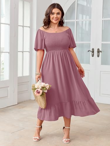Image of SCOMCHIC Women's Plus Size Summer Dress Casual Short Sleeve Scoop Neck Maxi Dress Smocked Ruffle Boho Flowy Long Dresses