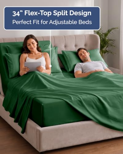 Image of Extra Deep Flex Top Split Head King Sheet Set - 6 Piece Breathable and Cooling Sheets - Hotel Luxury Bedding for Women, Men, Kids & Teens - Easy Secure Fit - Extra Deep Pockets - Emerald Green
