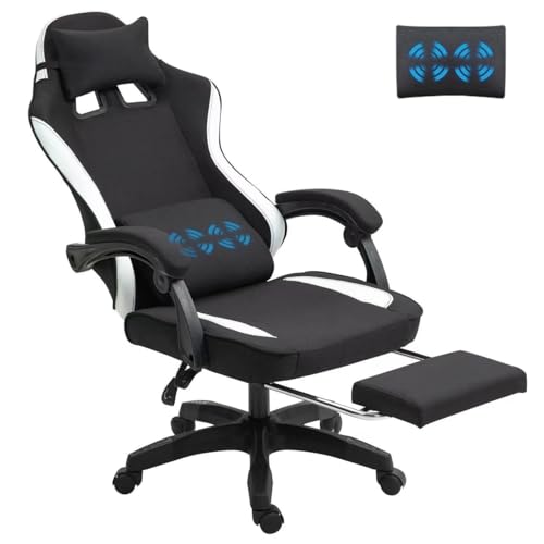 Fabric Massage Gaming Chair, Fabric Ergonomic Computer Chair, Video Game Chair, Massage Office Chair, Desk Swivel Chair, Adjustable, Reclining, Footrest, Massage Cushion, Fabric Material, Black, New
